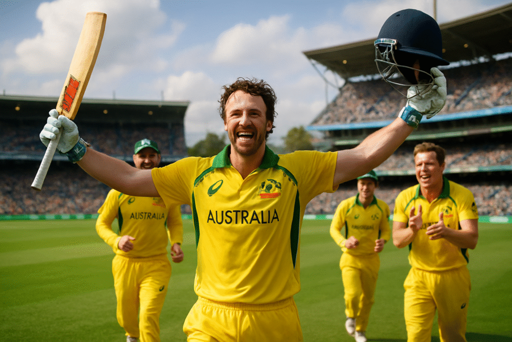 Travis Head celebrating his seventh ODI century with teammates